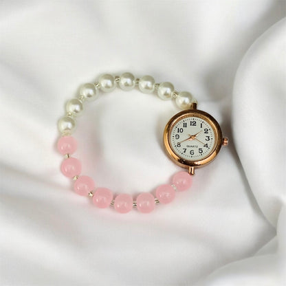 Close-up of Vanika watch dial and pearl bead detail — buy bracelet watch India