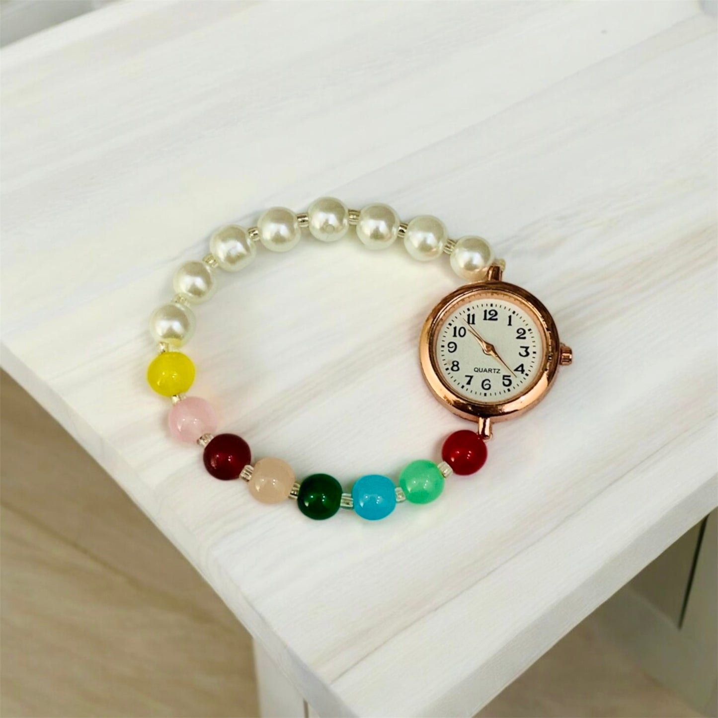 "वनिका" White & Mint Green Pearls Bead with Rose Gold Dial Watch