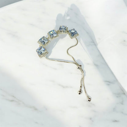 Square cut CZ adjustable bracelet worn on model — Ashalite elegant jewellery