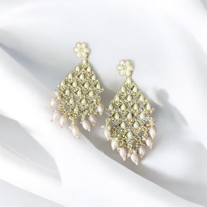White lavender chandbali earrings worn on model — Ashalite devotional jewellery