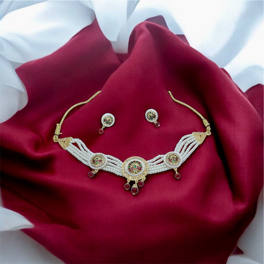 Traditional Kundan and Pearl Choker Necklace Set with Earrings for Women