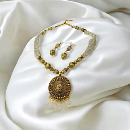 Janki mandala necklace front view — gold plated antique necklace set online India