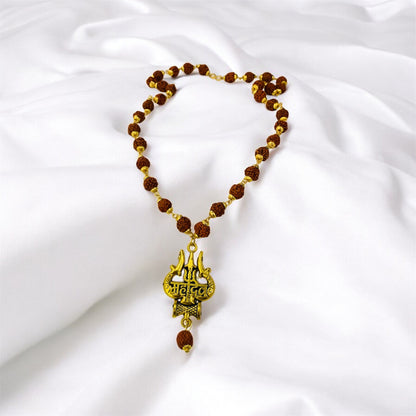   Trishul Rudraksha mala with pendant worn around neck — Ashalite Shiva jewellery