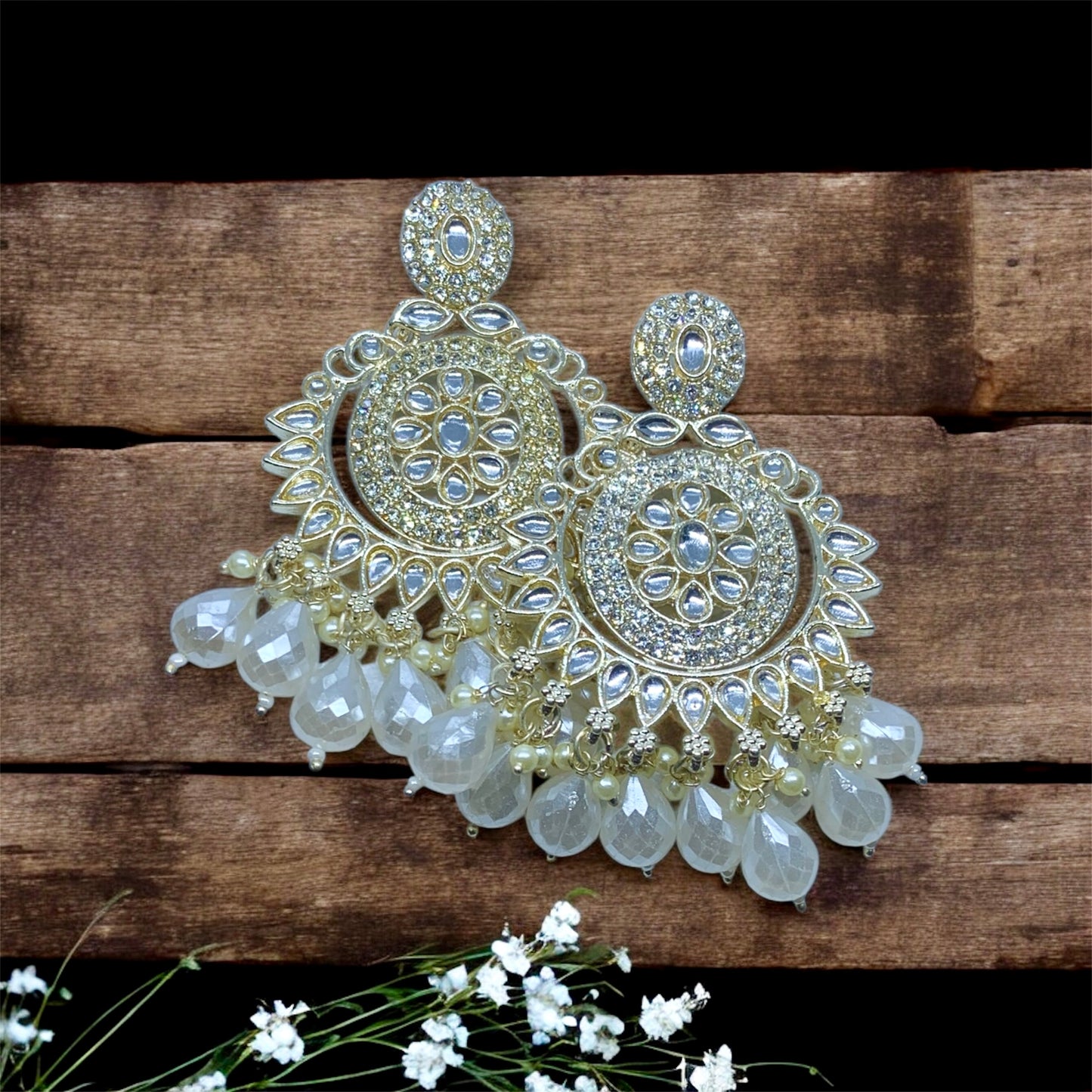 वृन्दा Premium Divine Crystal Kundan Pearl Chandbali